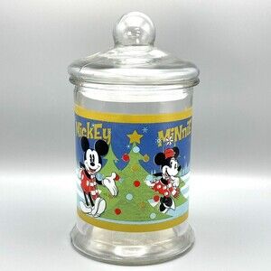 Disney Mickey Minnie Mouse Clear Glass Christmas Cookie Jar Canister